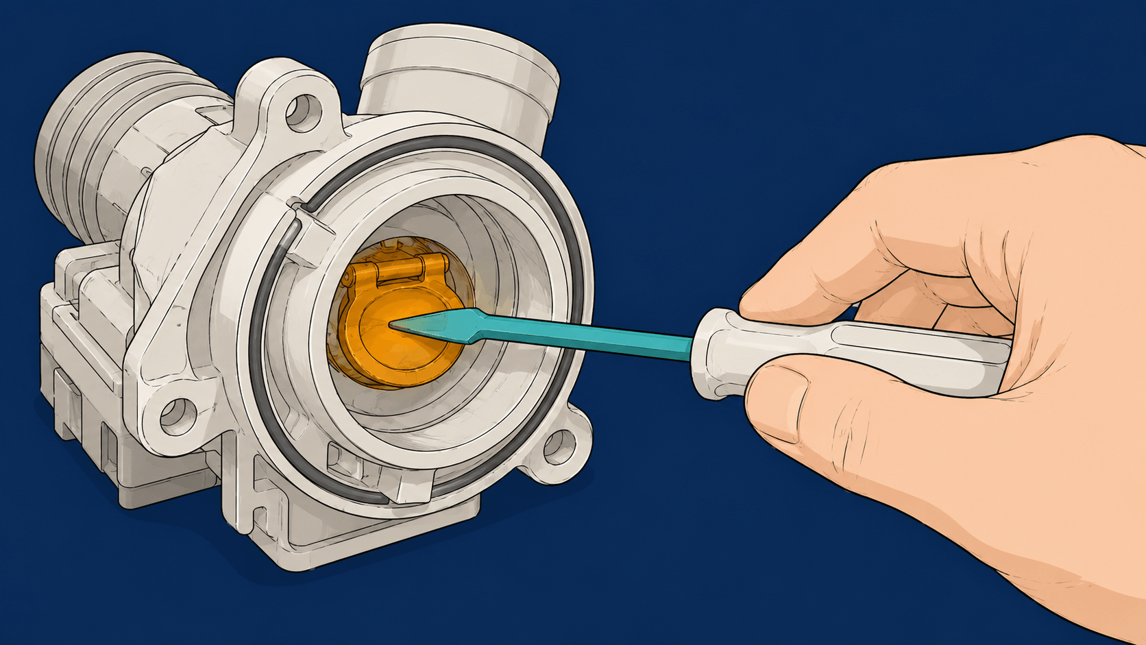Hand using screwdriver to free stuck check valve inside Bosch dishwasher pump
