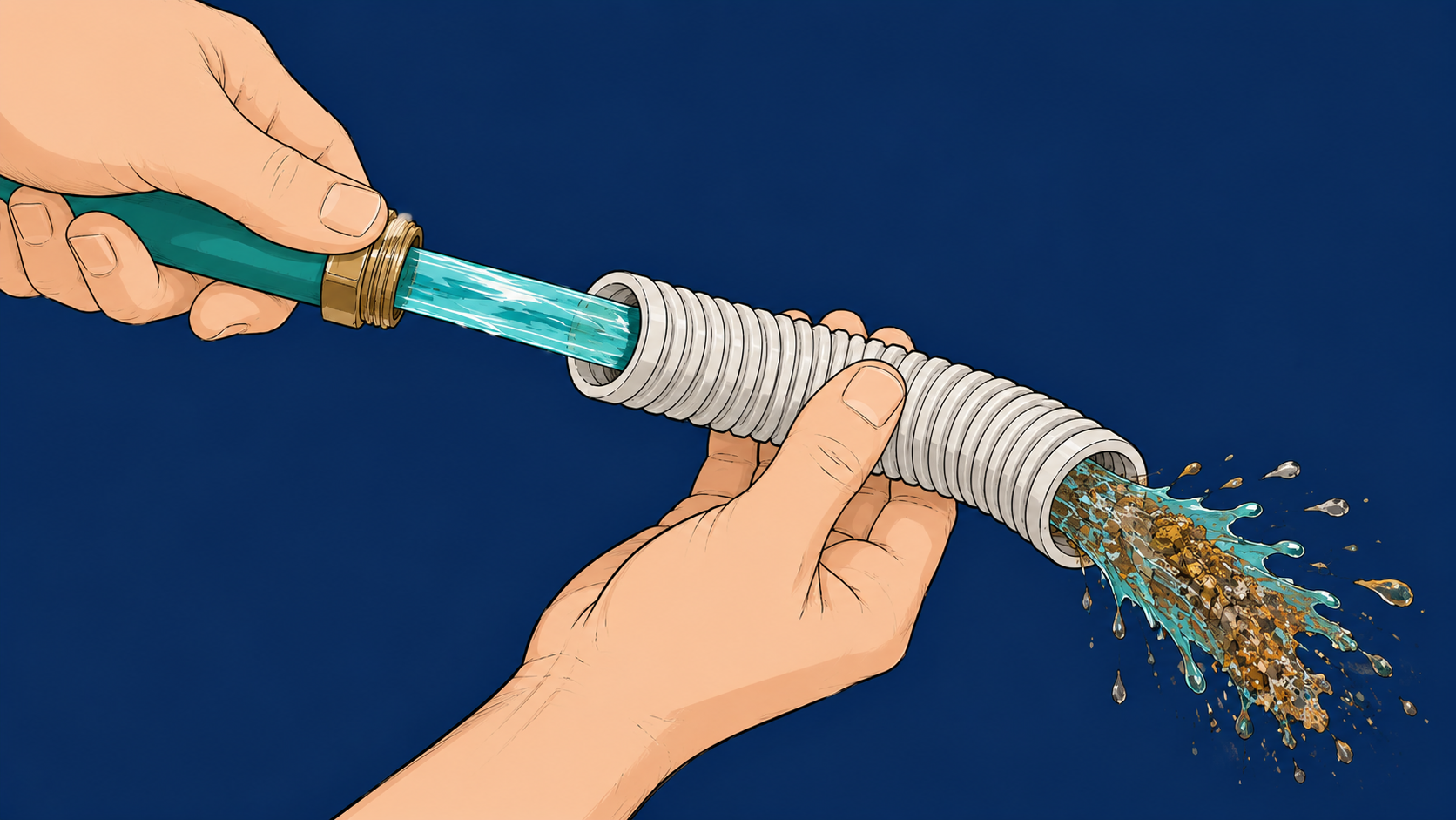 Hand flushing clogged dishwasher drain hose with garden hose to clear blockage