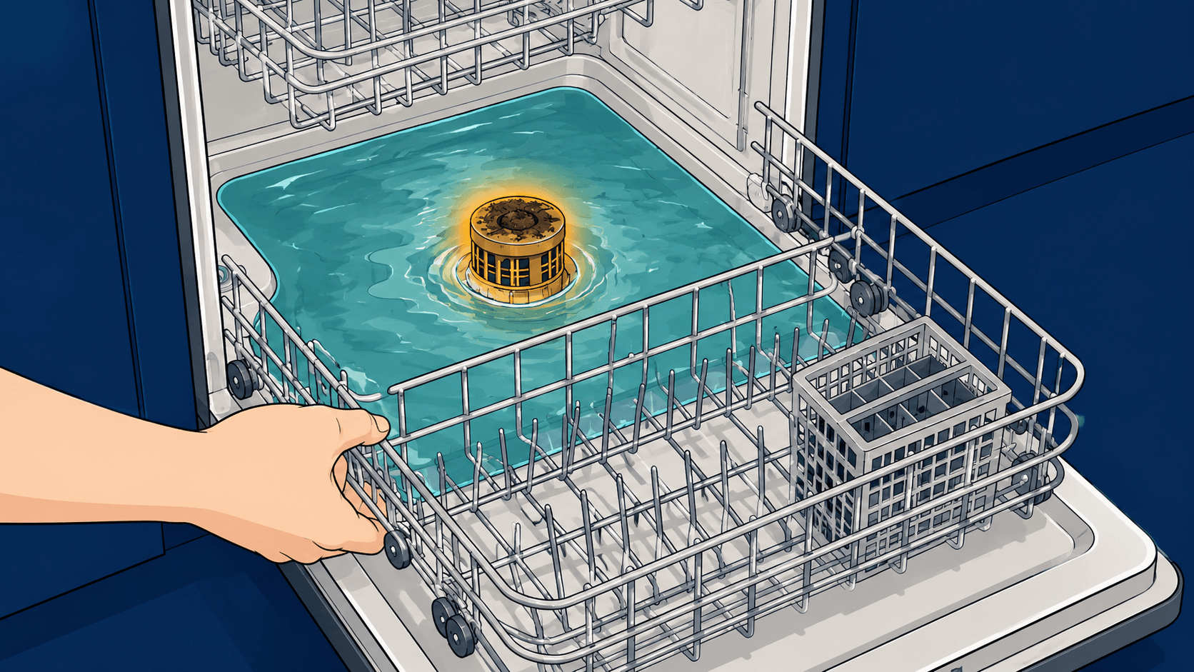 Hand pulling out dishwasher rack revealing standing water and clogged filter