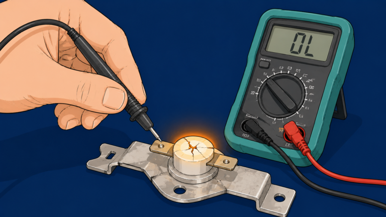 Hand testing blown thermal fuse on dryer with multimeter probe