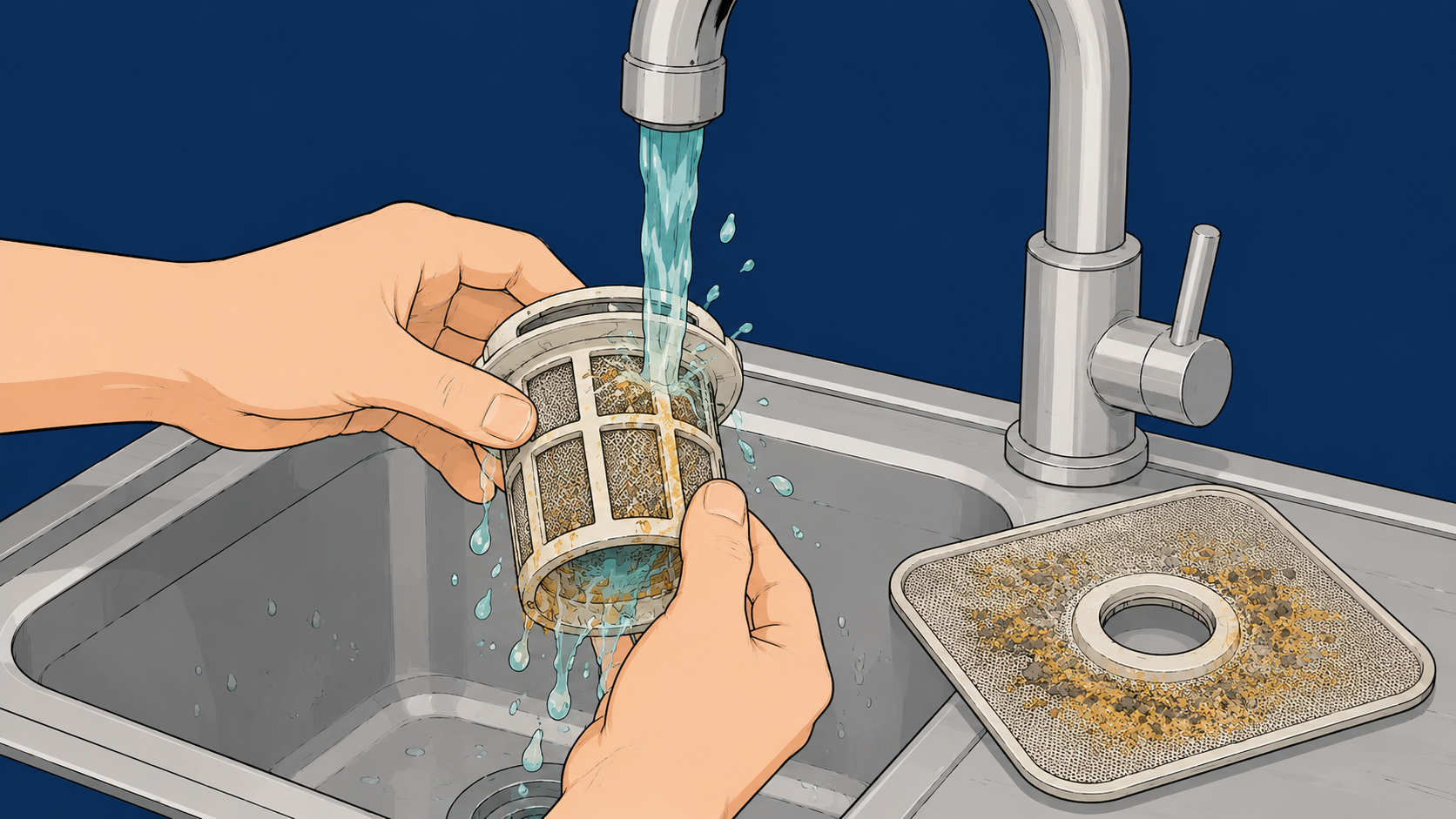 Hand rinsing Whirlpool dishwasher cylindrical filter under running faucet